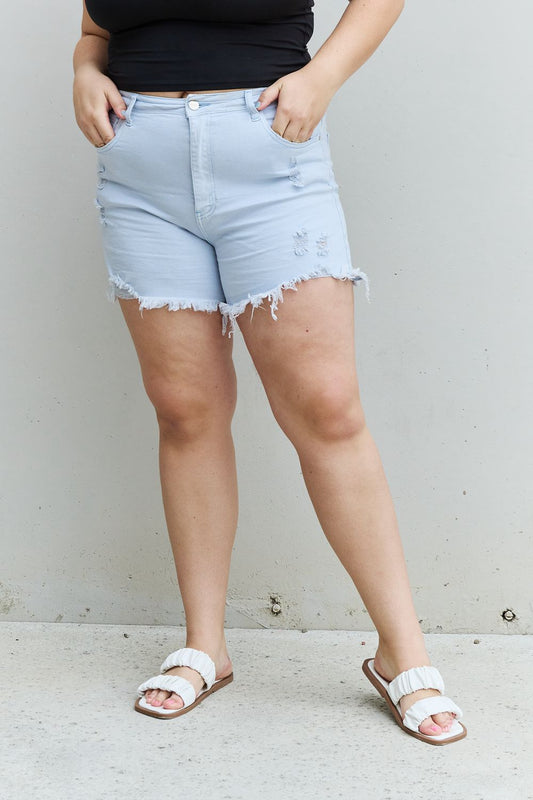 RISEN Katie High Waisted Distressed Shorts in Ice Blue Sizes S-3XL
